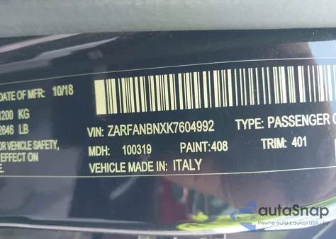 2019 Alfa Romeo Giulia Ti Sport Awd from USA, damaged, VIN ZARFANBNXK7604992